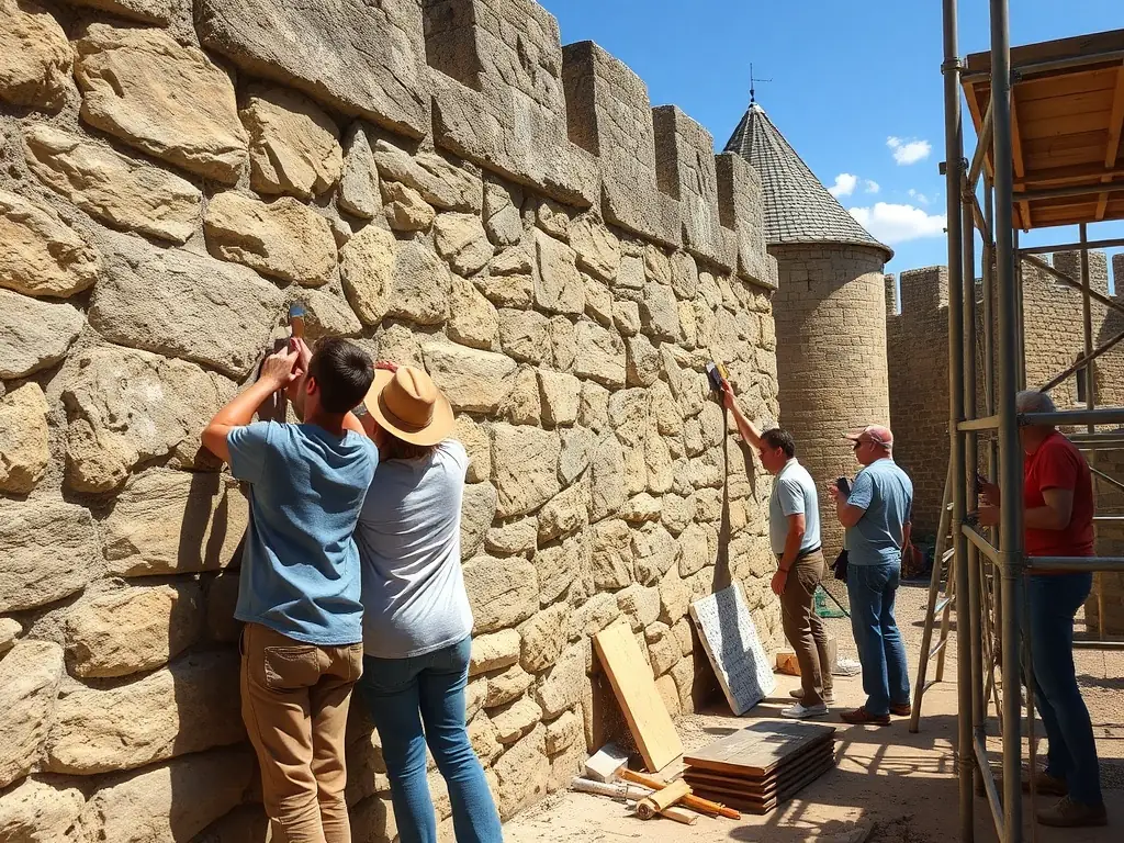 A vibrant image depicting volunteers working on the restoration of a section of the Château d'Aurouze, showcasing the organization's commitment to heritage preservation.