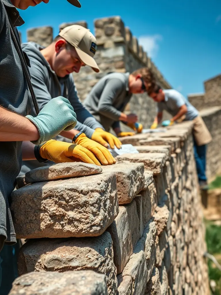 A photograph of volunteers working on the restoration of a stone wall at the Château d'Aurouze, showcasing the organization's commitment to heritage preservation.