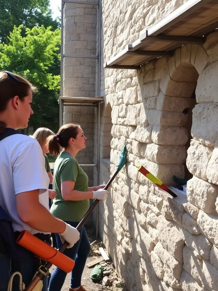 A vibrant photograph capturing volunteers working on the restoration of a section of the Château d'Aurouze, showcasing the dedication and effort involved in preserving the historical site.