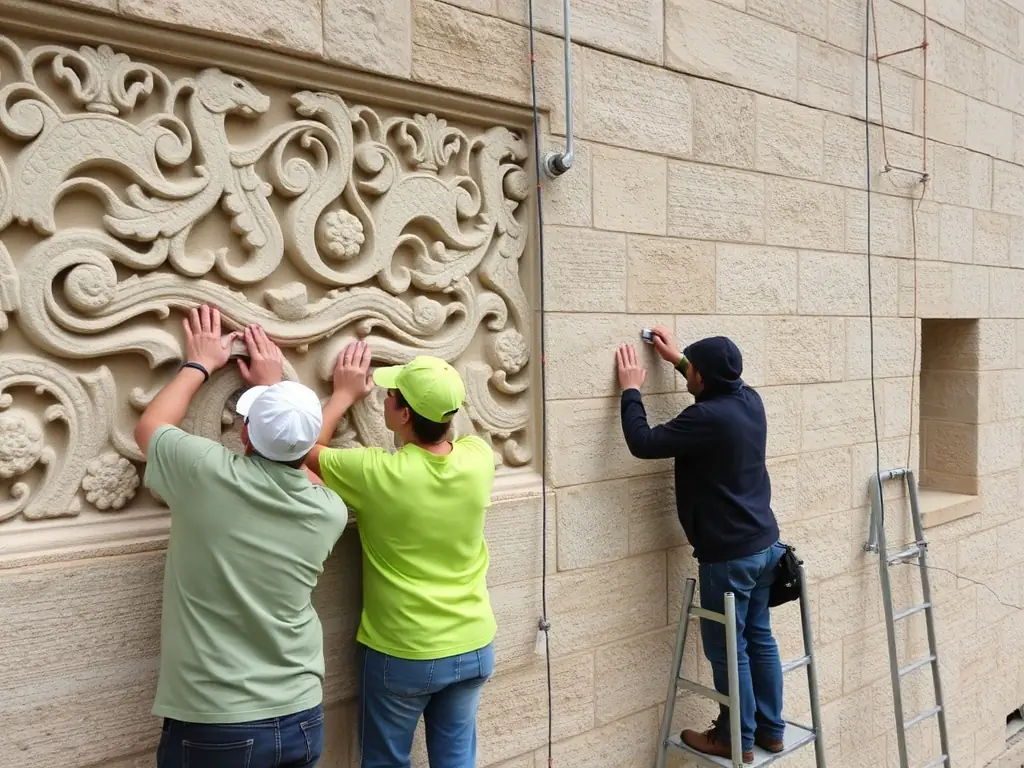 A photograph depicting a group of volunteers working on the restoration of a section of the Chateau d'Aurouze, focusing on the architectural details and the collaborative effort to preserve the historical structure.