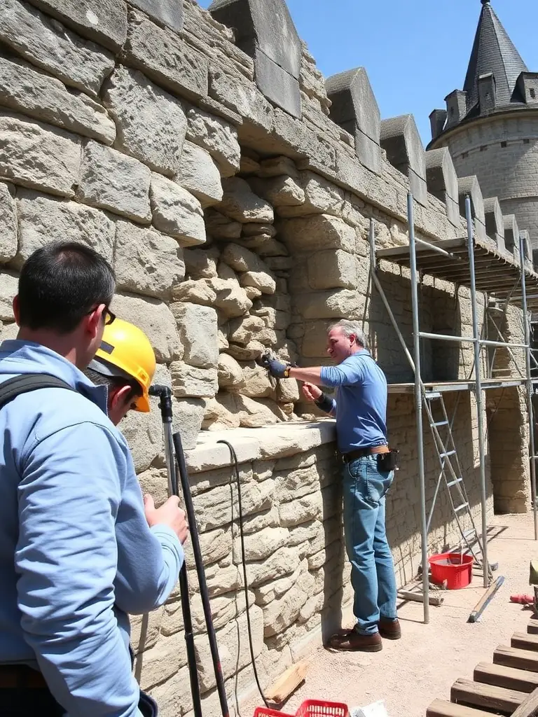 A photograph capturing volunteers working on the restoration of a section of the Château d'Aurouze, showcasing the dedication to preserving the historical site.