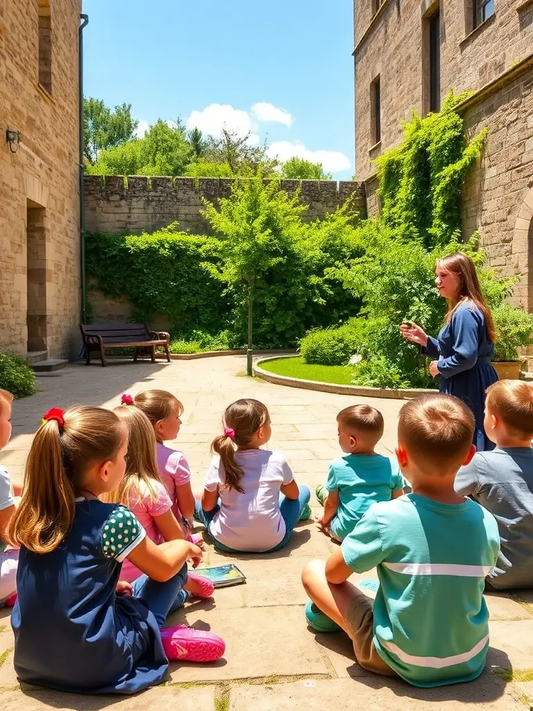 A photo of children participating in an educational program about the history of the Château d'Aurouze, led by a member of LES AMIS DU CHATEAU D'AUROUZE.