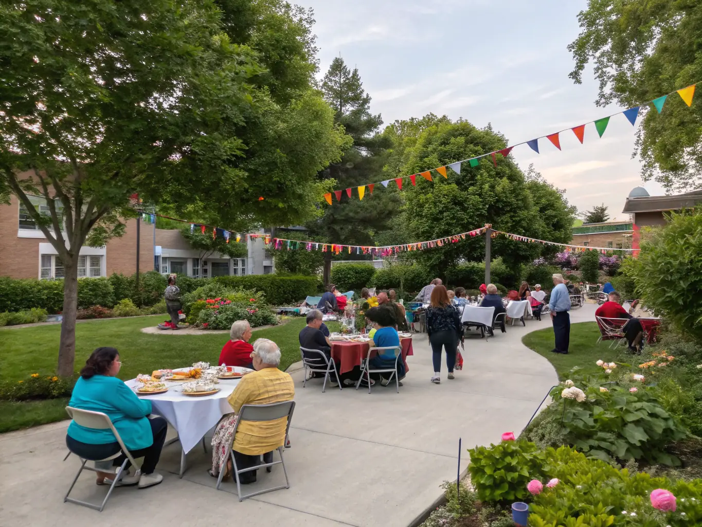 A group of local residents participating in a community event at the Château, laughing and interacting, symbolizing the fostering of community engagement.