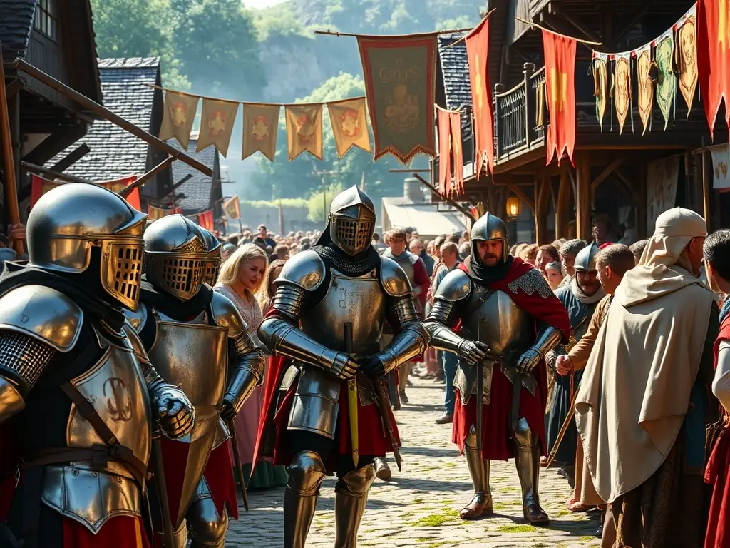 A photograph capturing a lively medieval fair held in the Chateau d'Aurouze courtyard, showcasing historical reenactments, craft stalls, and attendees dressed in period costumes, emphasizing the vibrant community engagement and cultural celebration.