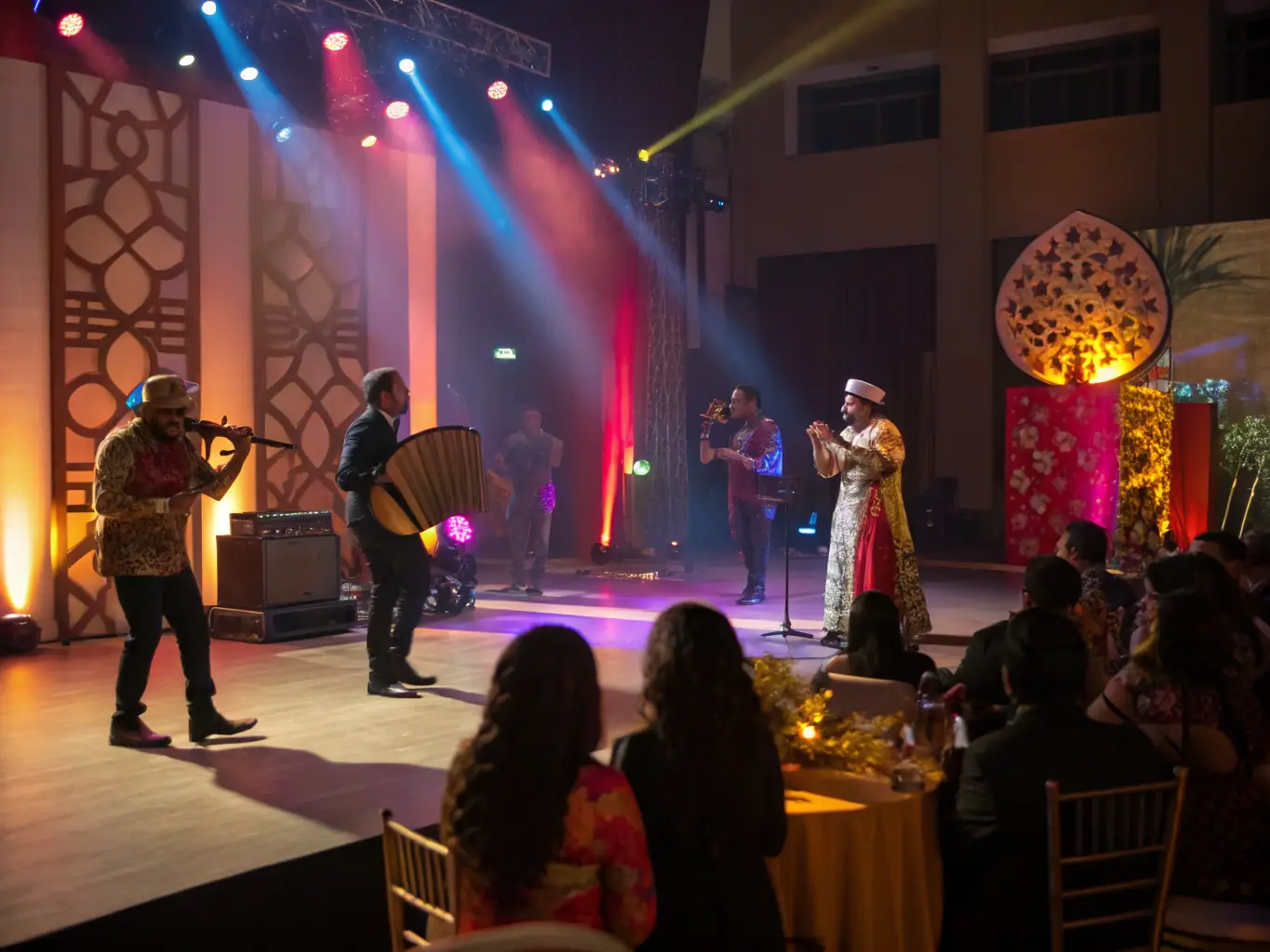 A dynamic image of a cultural performance taking place in the Château courtyard, with musicians, dancers, and an enthusiastic audience, highlighting the promotion of cultural activities.