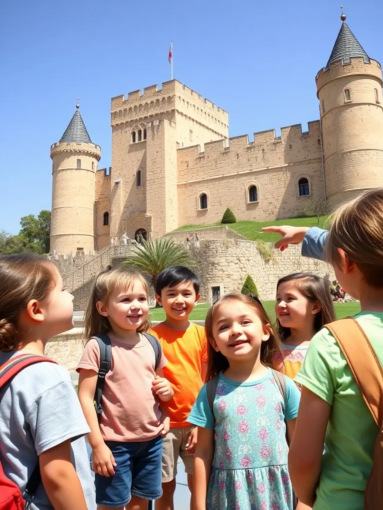 A group of children participating in an educational workshop about the history of the Château d'Aurouze, led by a knowledgeable guide.