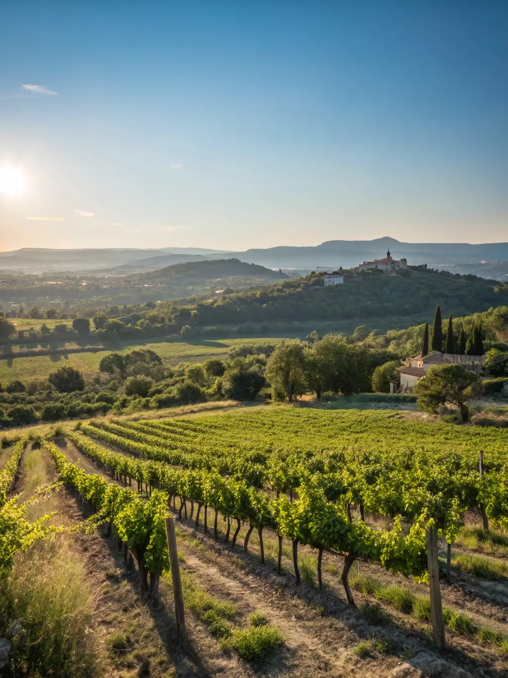 An image showcasing the local vineyards and wine production in Aurouze, highlighting the organization's support for local viticulture.