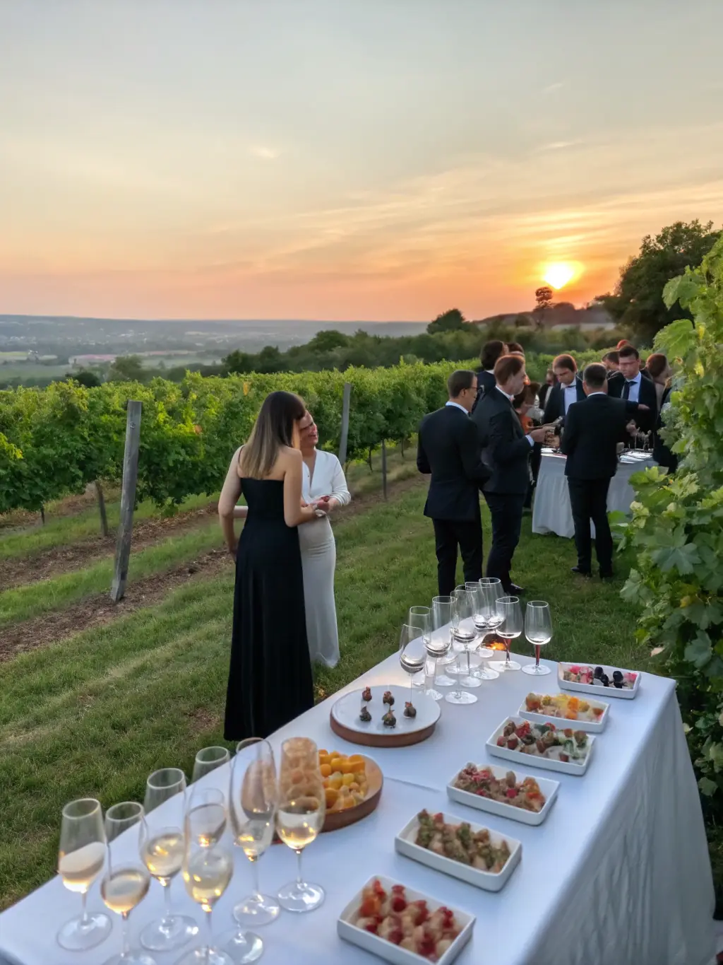 A picturesque scene of a wine tasting event showcasing local vineyards and winemakers, with attendees enjoying the flavors of the region.